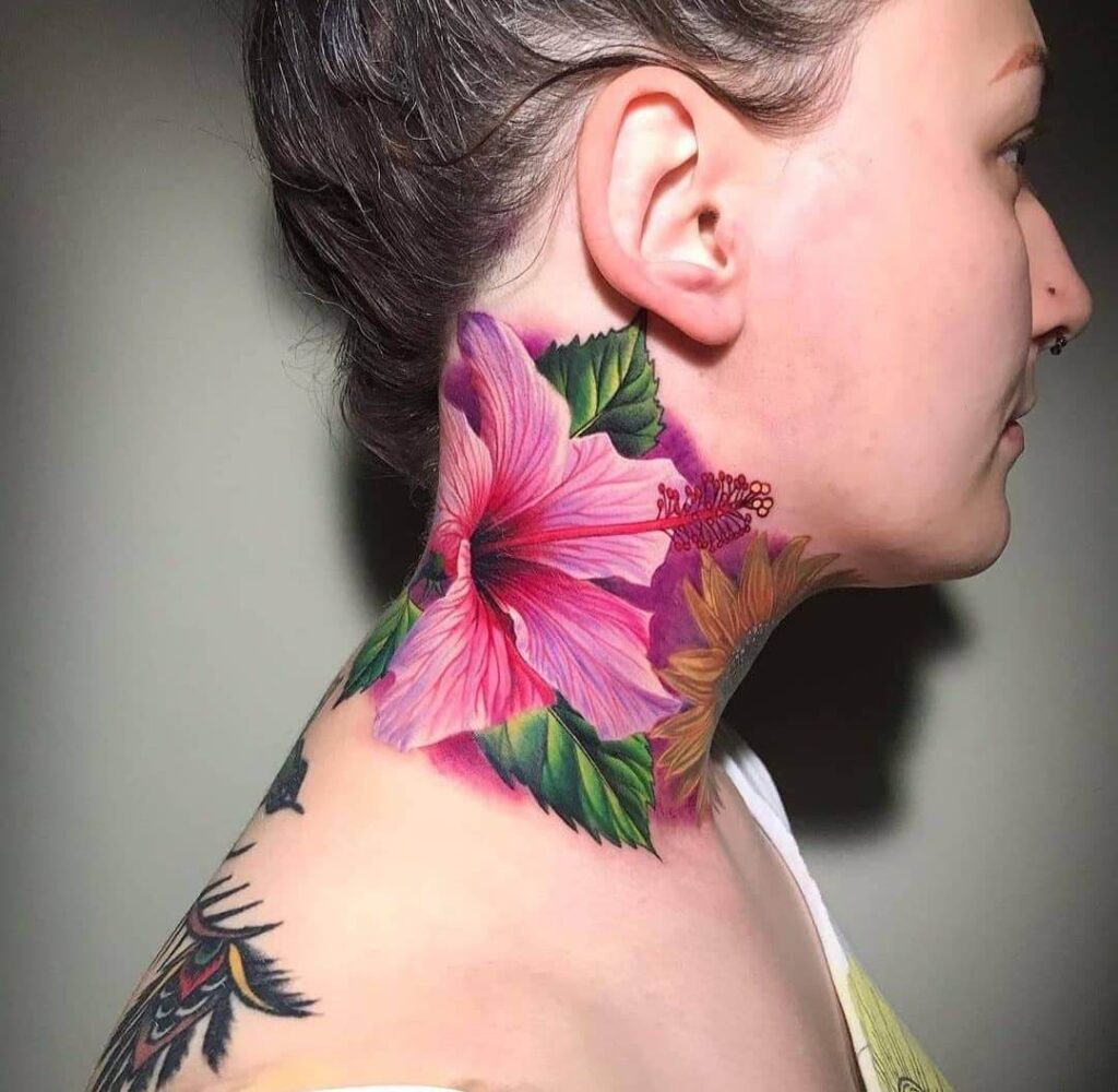 Color flower neck tattoo