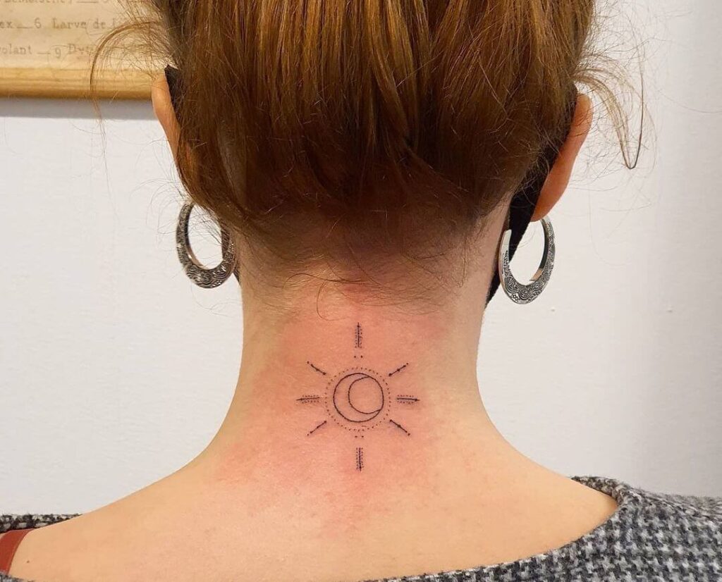 Moon and sun neck tattoo