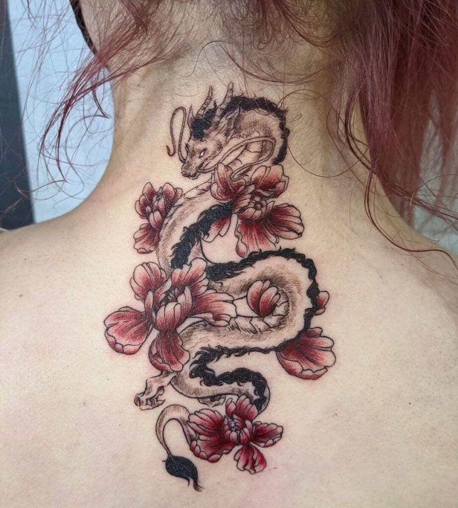 Dragon and flower neck tattoo