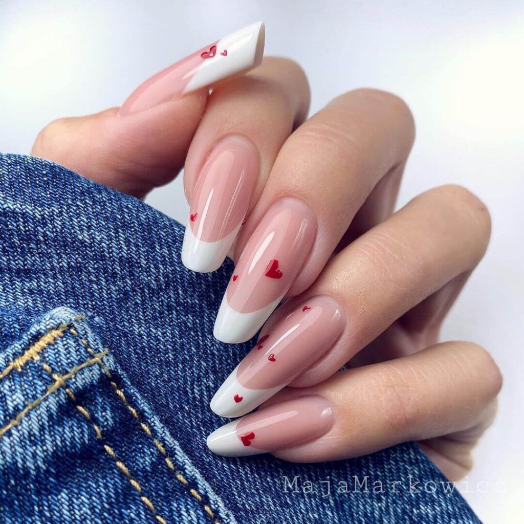 White and Nude French Long Valentine's Day Nails