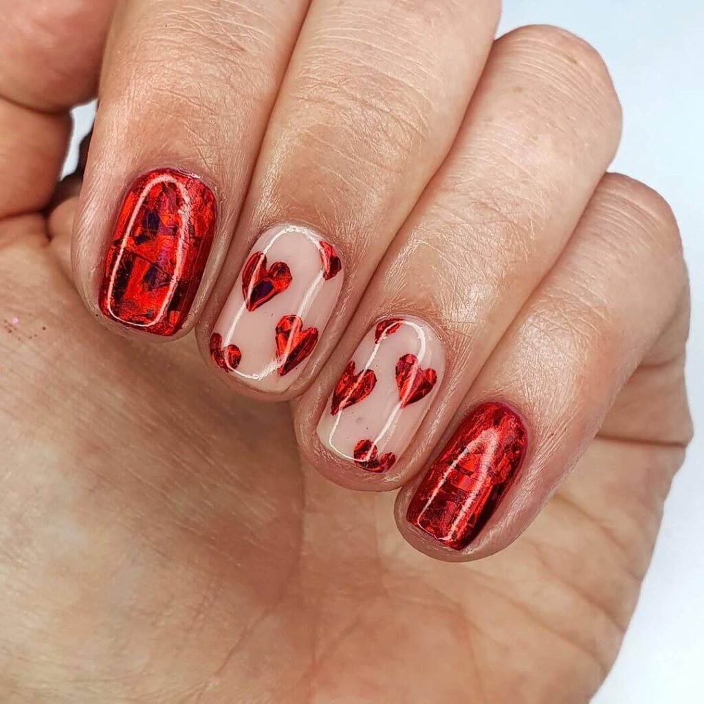 Shiny red peach heart Valentine's Day nails