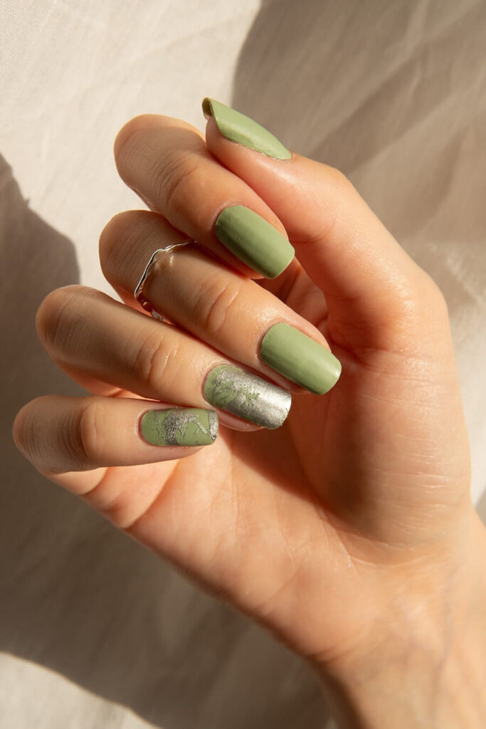 Silver and green nails