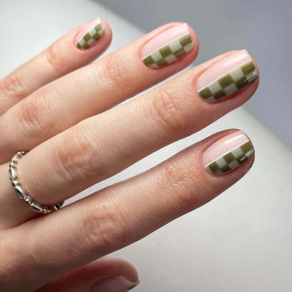 Green Checkerboard Negative Space Nails