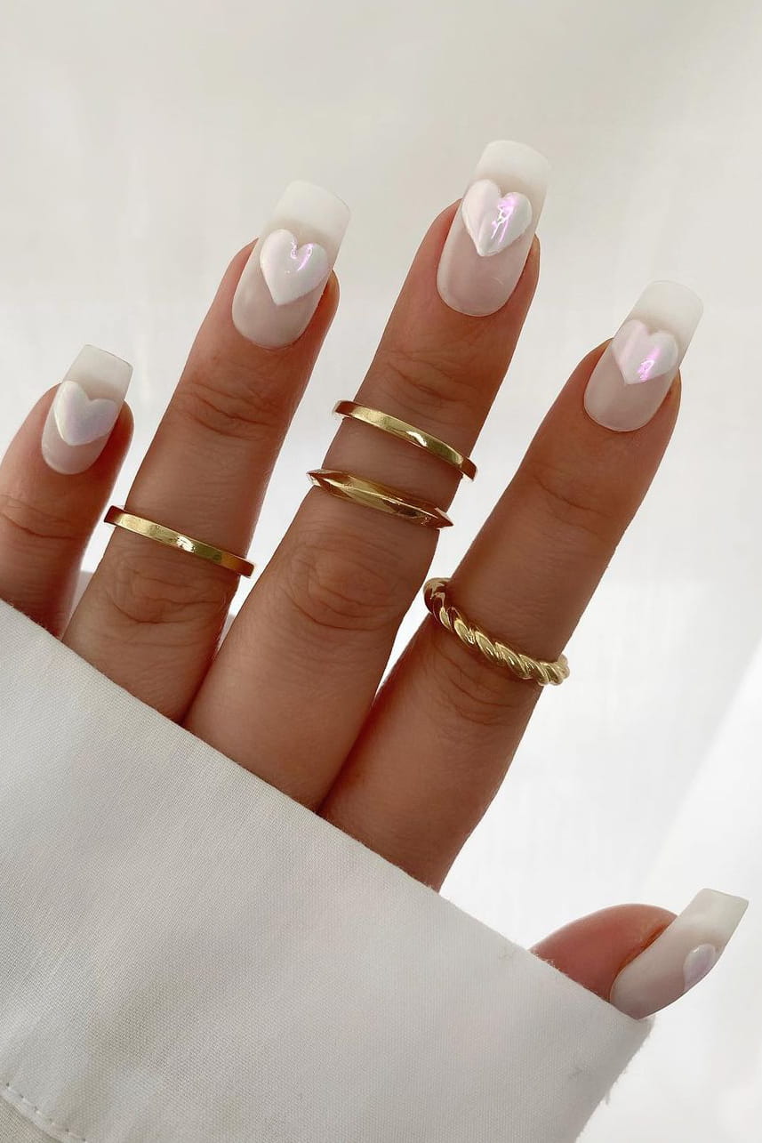 Heart white chrome nails