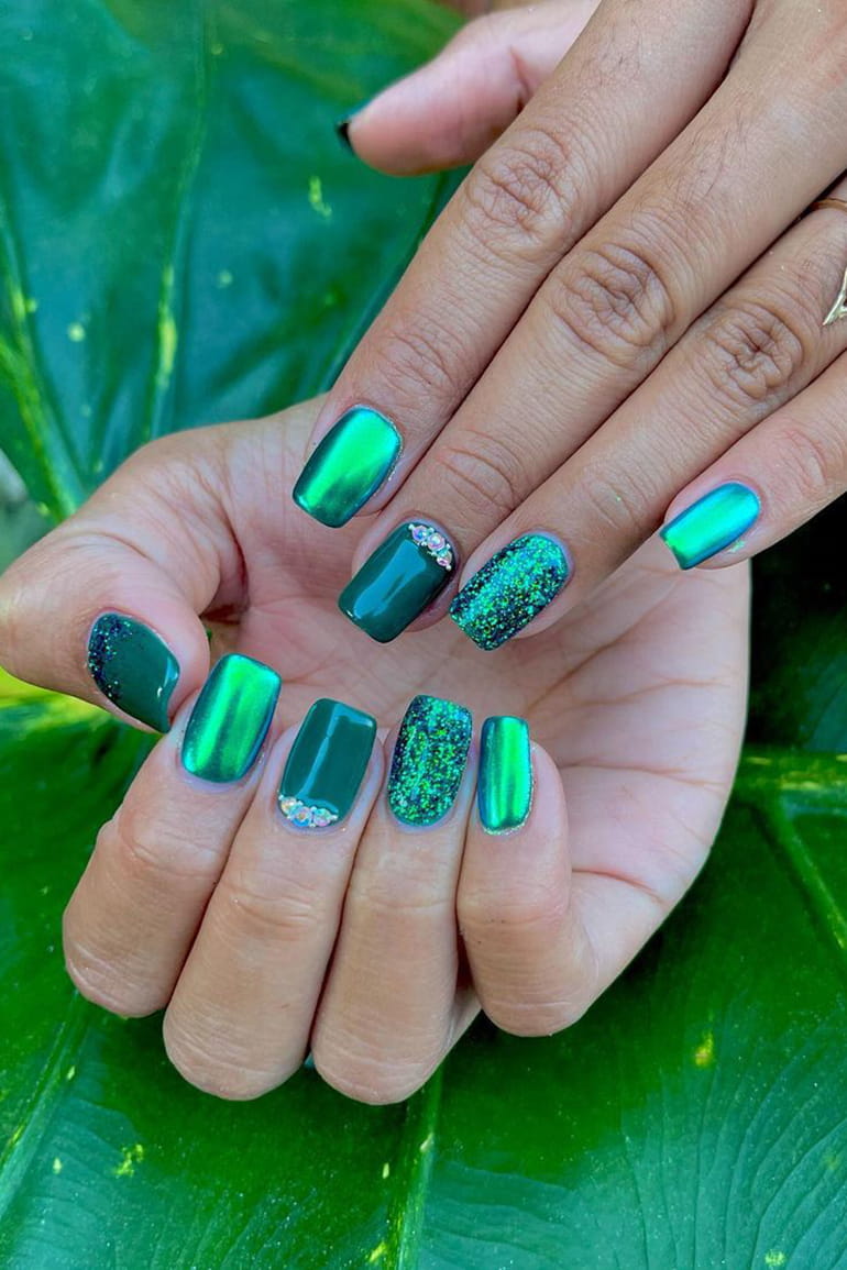 Bright green chrome nails