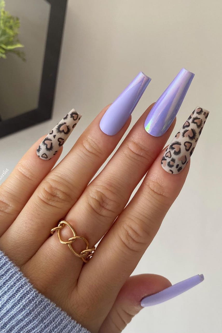 Purple and Leopard Chrome Nails