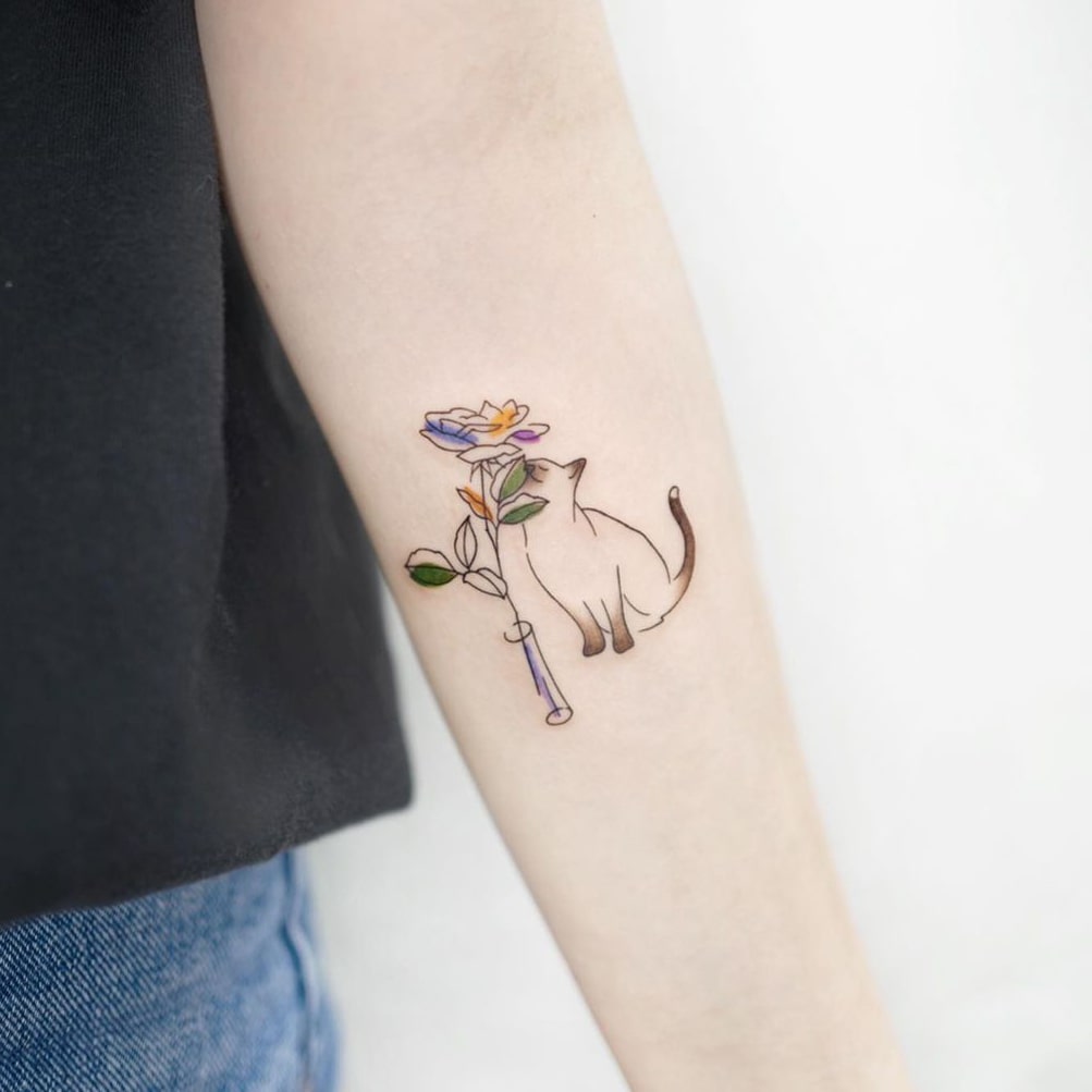 Flower and cat small colorful tattoo