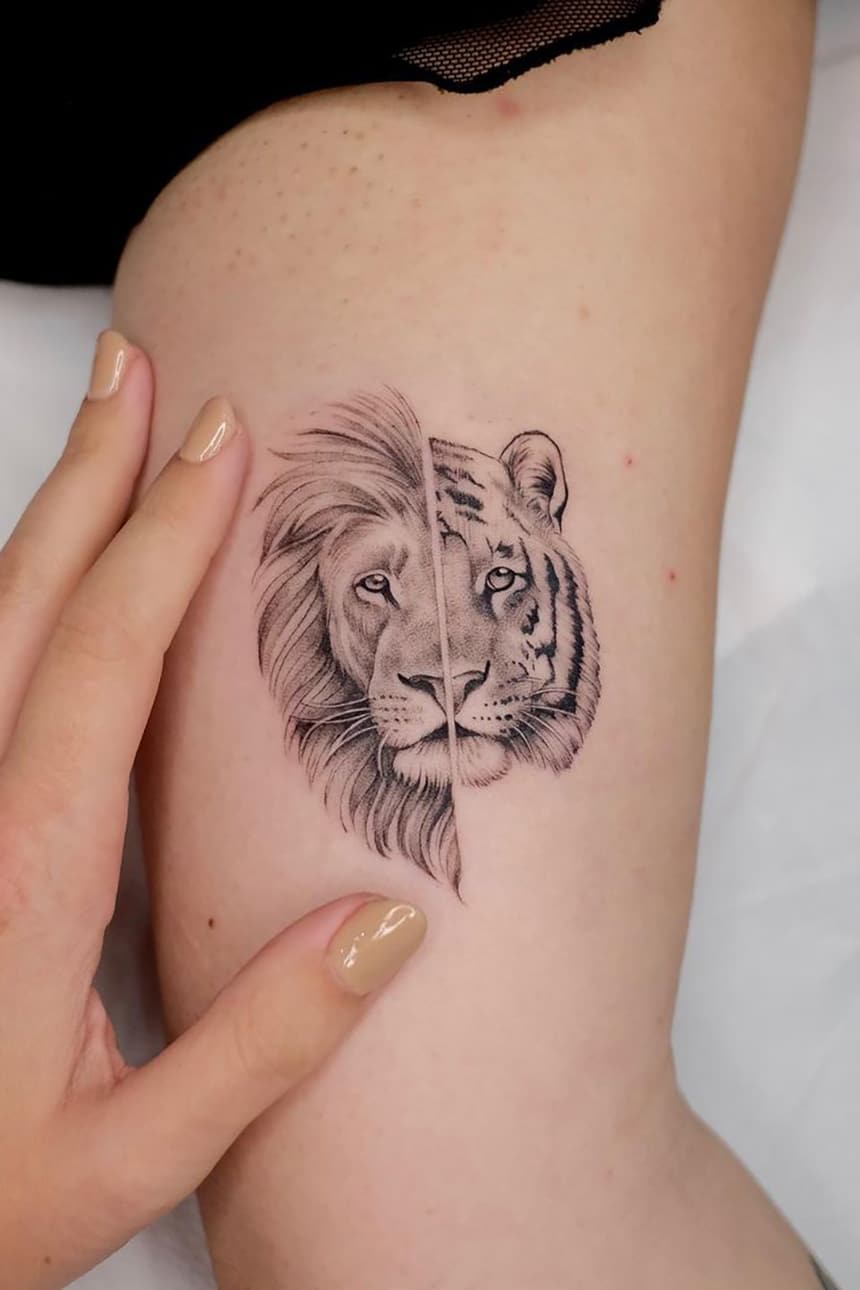 Lion and tiger mixed tattoo