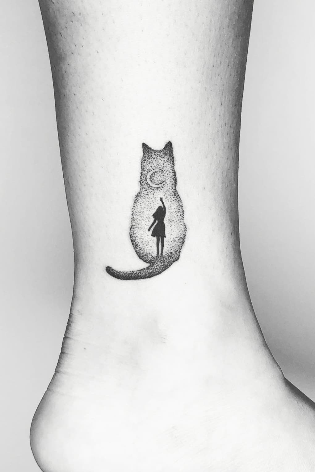 Cat, Moon and Girl Silhouette Tattoo