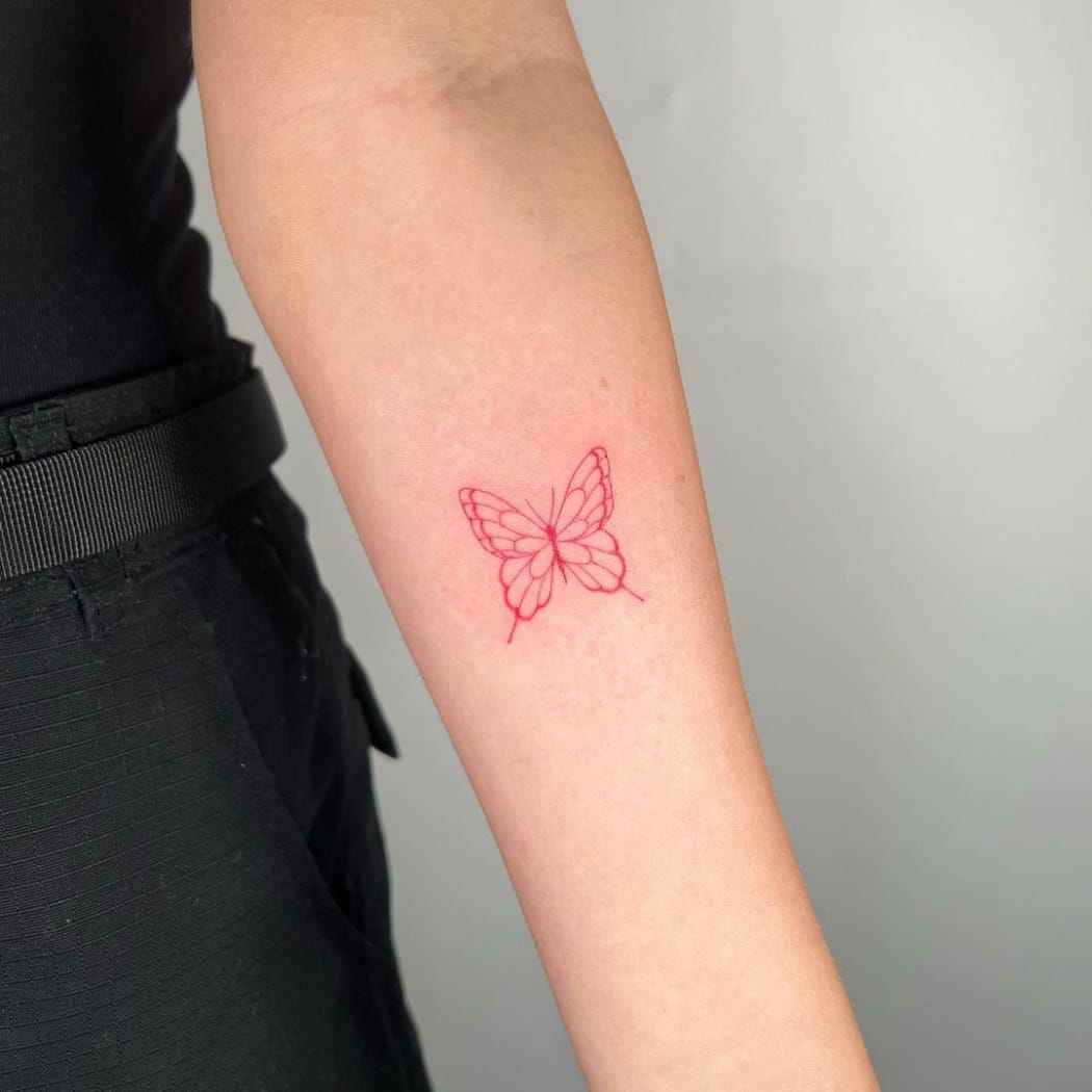 Red Butterfly Line Tattoo