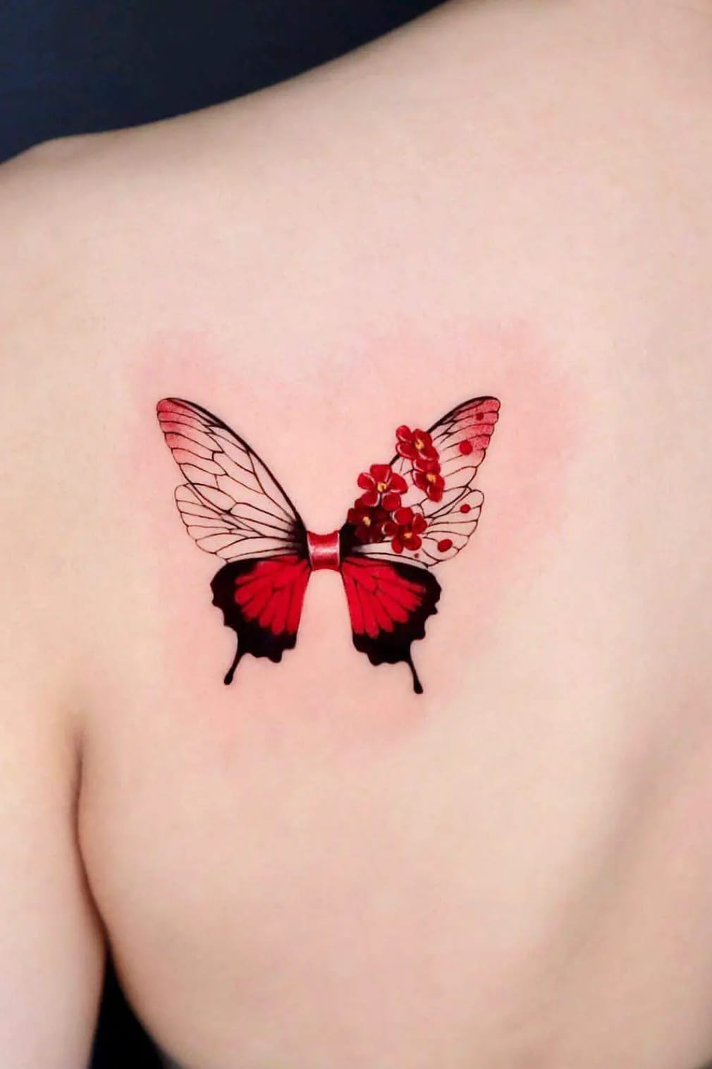 Red Butterfly Tattoo On Back