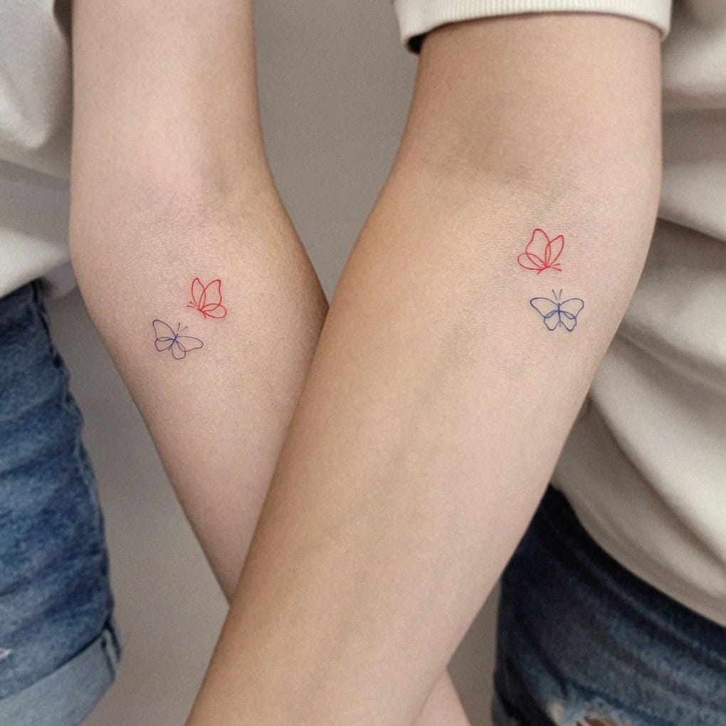 Red and Blue Butterfly Friendship Tattoo