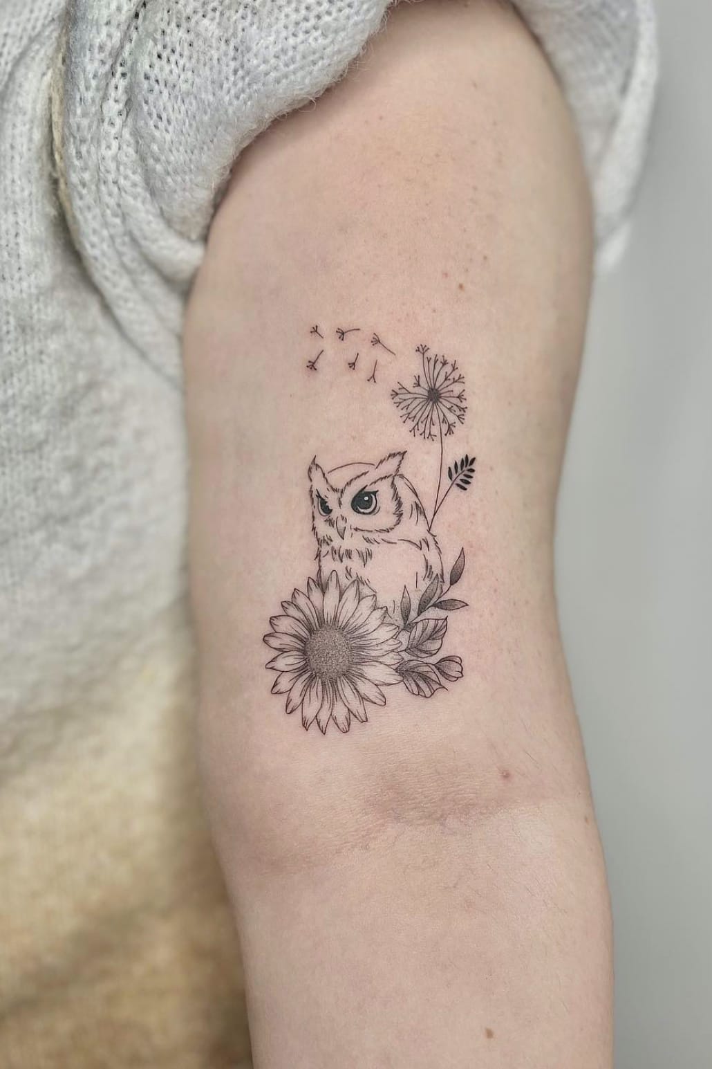 Owl and Dandelion Tattoo With Sunflower