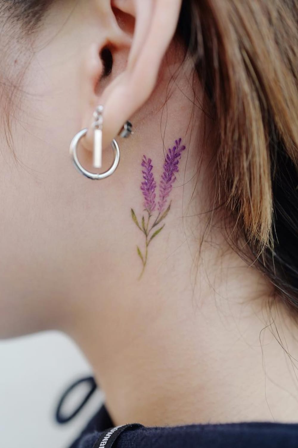 Lavender Tattoo Behind the Ear